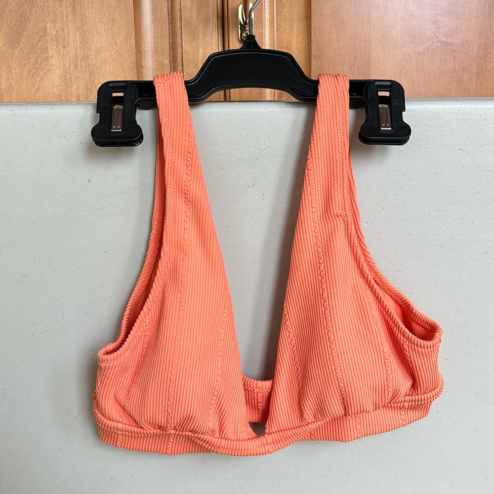aerie Coral Ribbed V-Neck Bikini Top